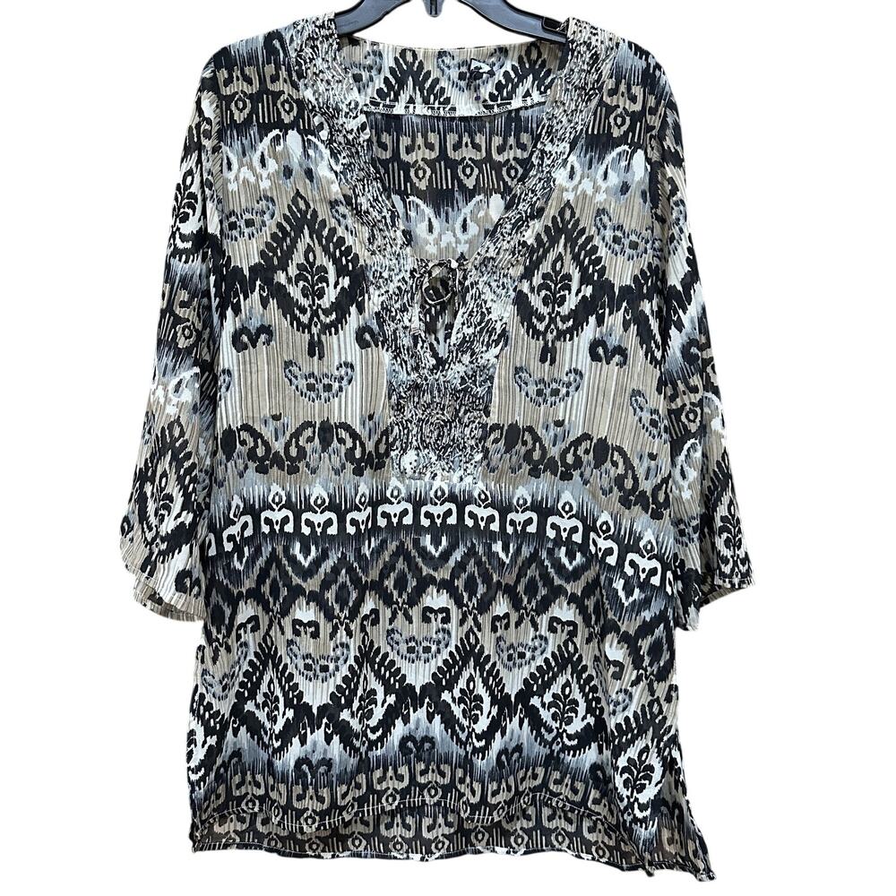 Raviya Dress Womens Size L Black Beige Boho Ikat Print 3/4 Sleeve Sheer Tunic